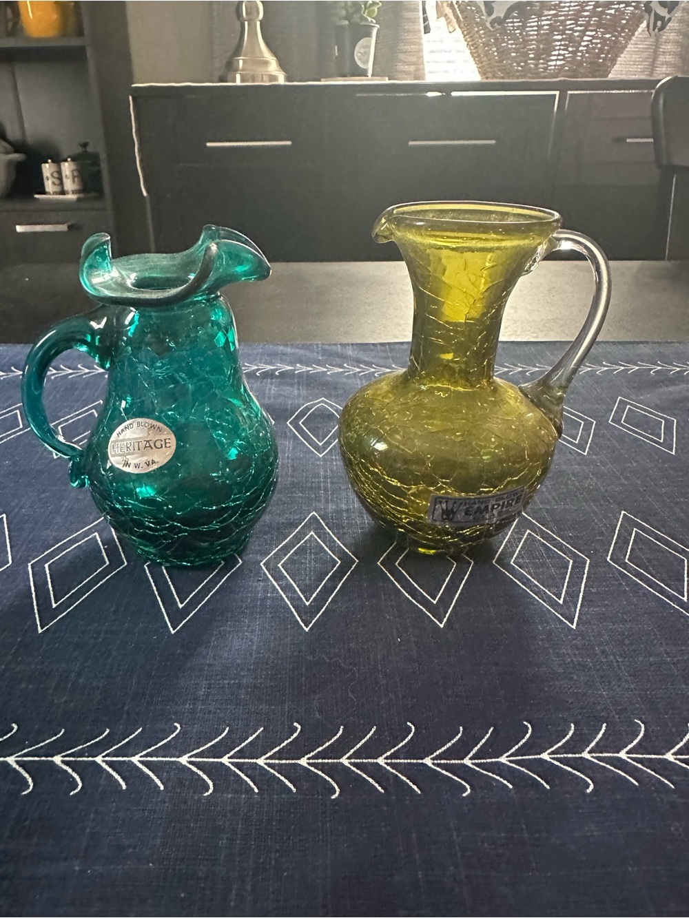 Heritage Teal and Empire Olive Crackle Glass Pitchers - MCM